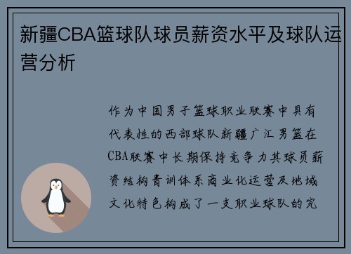 新疆CBA篮球队球员薪资水平及球队运营分析